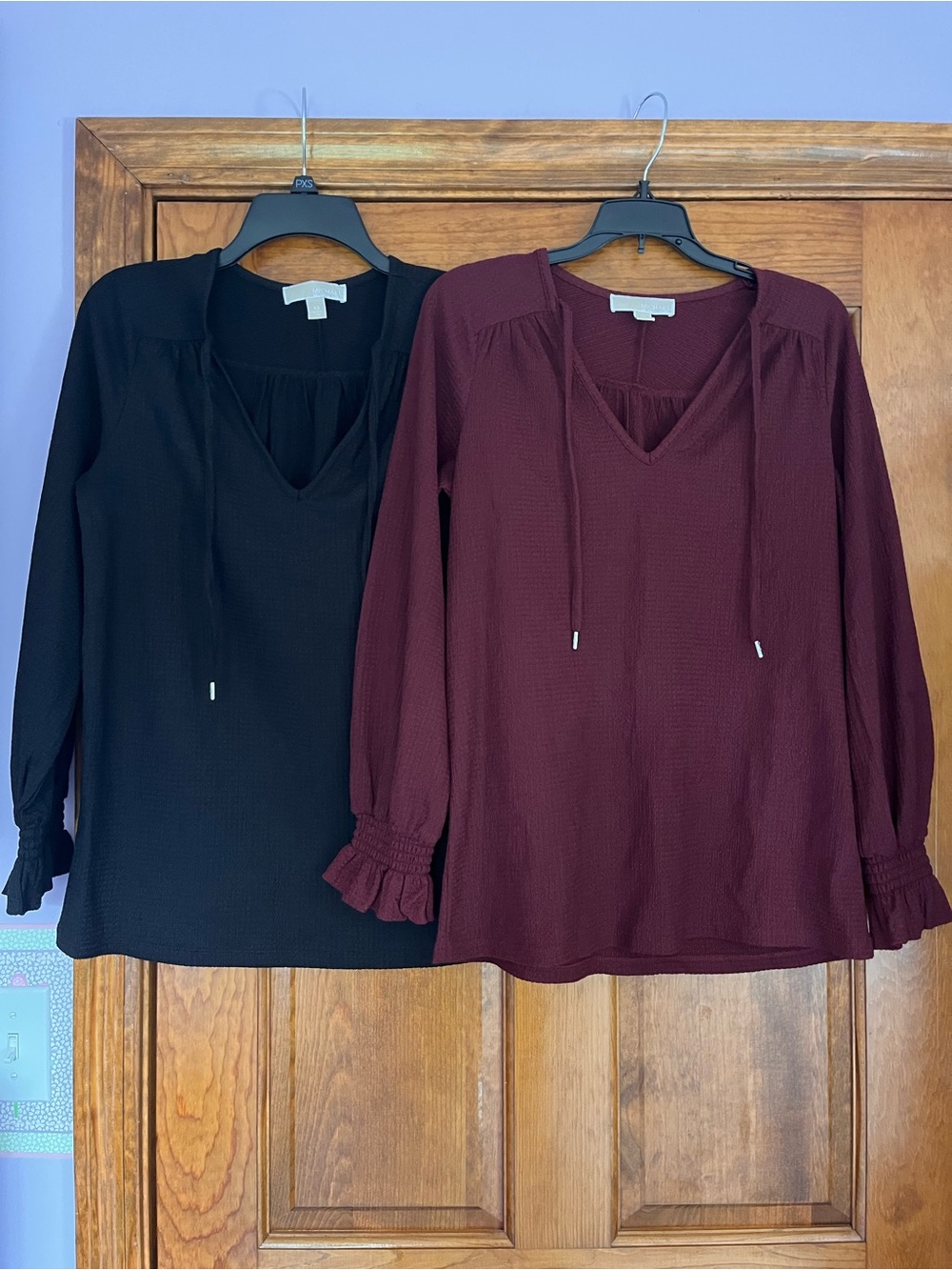 (2) MICHAEL Michael Kors Black and Burgundy V-Neck Long-Sleeve Blouse